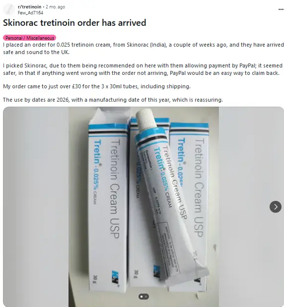 Skinorac review on Reddit: a customer ordered a tretinoin cream.